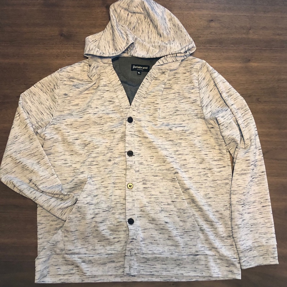 Betabrand button up hooded sweatshirt
